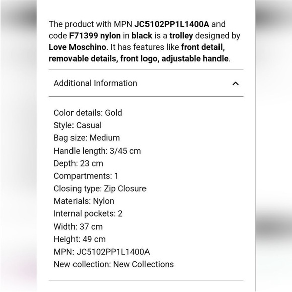 Love Moschino Nylon Trolly 18” Carry On Luggage Black and Gold - Picture 10 of 10